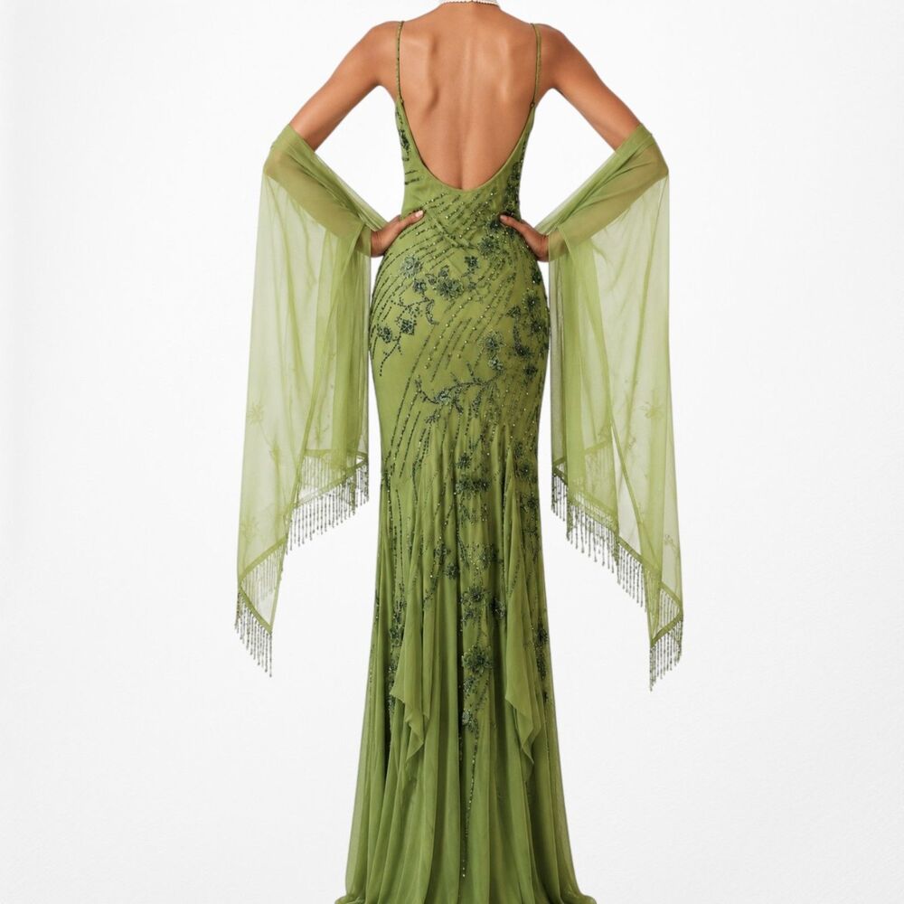 Vintage Y2K Olive Green Floral Beaded Bodycon Prom Shawl Dress Size S - Picture 5 of 17